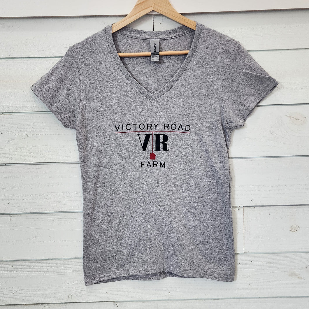 Short sleeve V-neck gray Victory Road Farm t-shirt